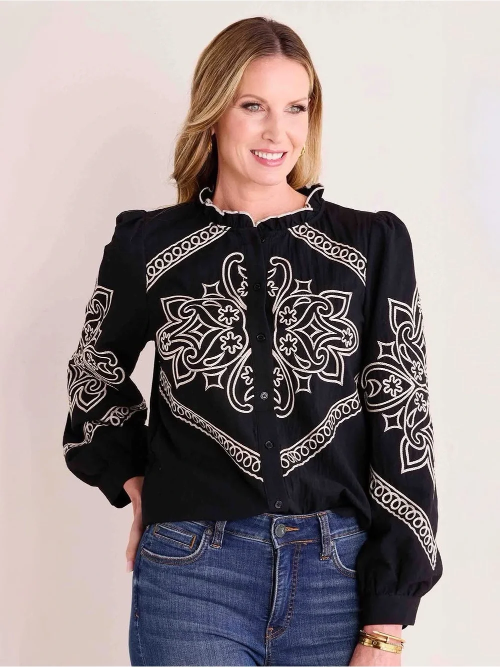 Women's Black Button-Down Top with Cream Embroidered Motif - Picture 1 of 4